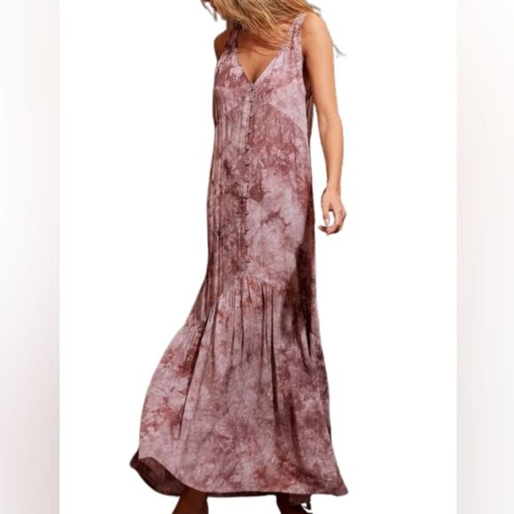 BiBi Tie-Dye Sleeveless Pink Tie Dye Button Detail V-Neck Casual Beach Dress sz - Picture 4 of 13